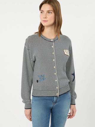 Inlay-detail cotton yarn cardigan - NAVY