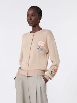 Inlay-detail cotton yarn cardigan - SAND
