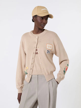Inlay-detail cotton yarn cardigan - SAND