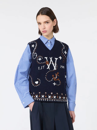 Wool yarn gilet with embroidery - ULTRAMARINE