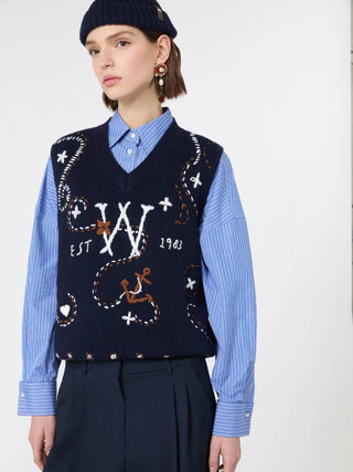 Wool yarn gilet with embroidery - ULTRAMARINE