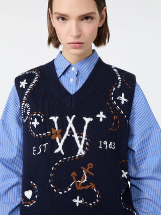 Wool yarn gilet with embroidery - ULTRAMARINE