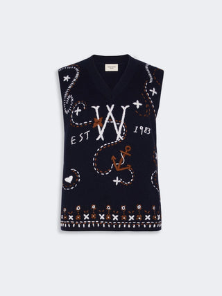 Wool yarn gilet with embroidery - ULTRAMARINE