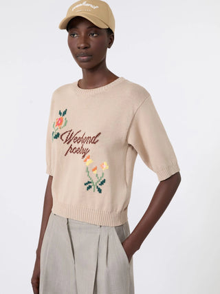 Embroidered cotton yarn sweater - SAND