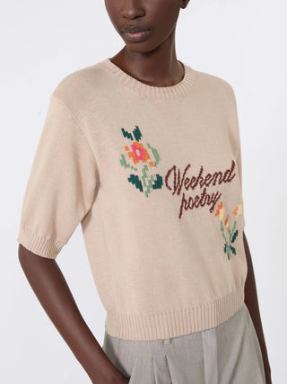 Embroidered cotton yarn sweater - SAND