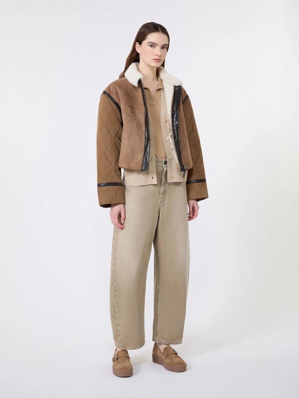 Suede-effect and technical fabric cropped jacket - CAMEL