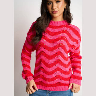 Wave Stripe Scalloped Italian Wool Blend Jumper in Pink/Red: One-size