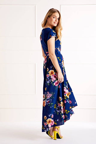 Mela Blue Floral Wrap Over Dipped Hem Midi Dress: Navy
