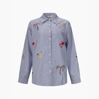 Embroidered Striped Long Sleeve Cotton Shirt in Blue