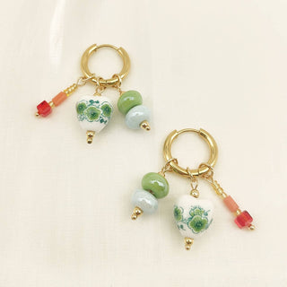 Porcelain Print & Bead Pendant Huggie in Green and Gold