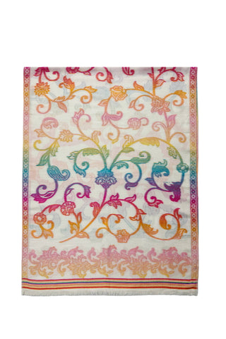 Ombre Floral Print Cotton Frayed Scarf: Cream