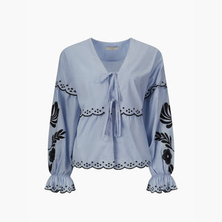 Embroidered Floral Front Tie Cotton Shirt in Denim Blue