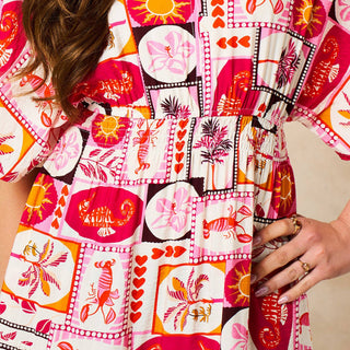 Postcard Print Maxi Kaftan Dress in Pink