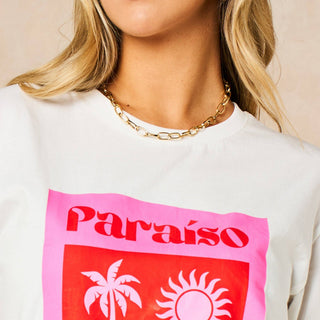 Paraiso Short Sleeve Cotton T-Shirt in White/Pink
