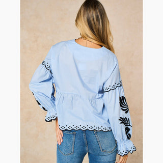 Embroidered Floral Front Tie Cotton Shirt in Denim Blue