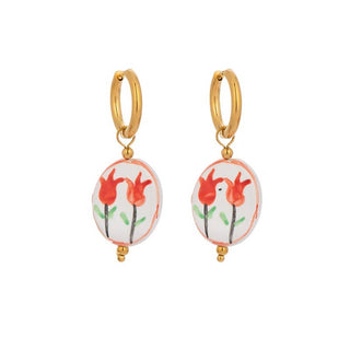 Painted Tulip Ceramic Pendant Huggie in Gold