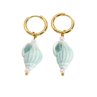 Ceramic Conch Shell Pendant Huggie in Mint & Gold