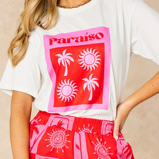 Paraiso Short Sleeve Cotton T-Shirt in White/Pink