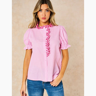Candy Stripe Short Sleeve Cotton Shirt in Pink