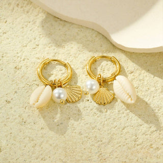 Cowrie Shell and Pearl Huggie Earring