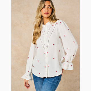 Floral Long Sleeve Double Gauze Cotton Shirt in White