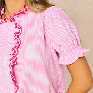 Candy Stripe Short Sleeve Cotton Shirt in Pink
