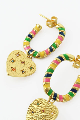 GOLD RAINBOW ENAMEL AND CRYSTAL HEART CHARM HOOPS