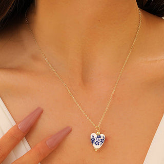 Porcelain Print Heart Necklace in White, Blue & Gold