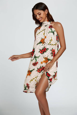 Floral Print Halter Neck Tie Back Mini Dress In Off White