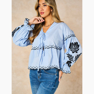 Embroidered Floral Front Tie Cotton Shirt in Denim Blue