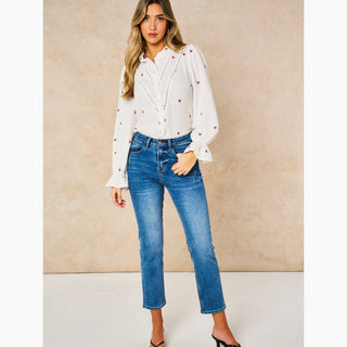 Floral Long Sleeve Double Gauze Cotton Shirt in White