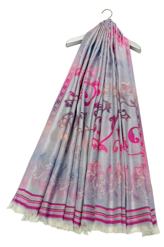 Ombre Floral Print Cotton Frayed Scarf: Cream
