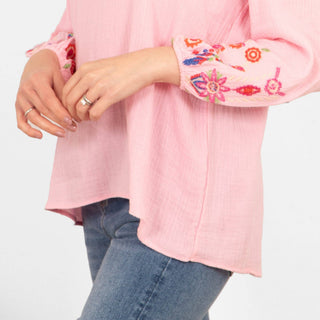 Honey Long Sleeve Cotton Blouse - Pink, Floral Embroidery