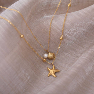 Ball Chain twin necklace with starfish, shell & pearl charms