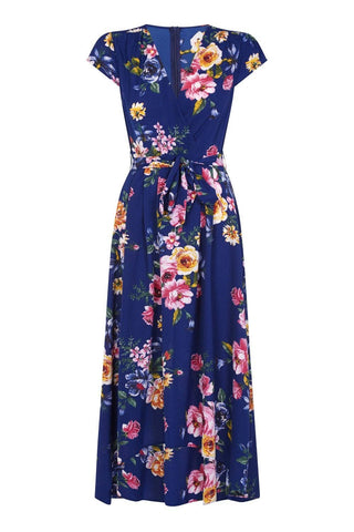 Mela Blue Floral Wrap Over Dipped Hem Midi Dress: Navy