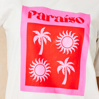 Paraiso Short Sleeve Cotton T-Shirt in White/Pink