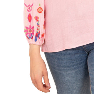 Honey Long Sleeve Cotton Blouse - Pink, Floral Embroidery