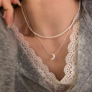 Double Layer Pearl and Brushed Moon Necklace in Silver