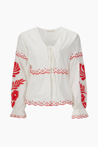 Embroidered Floral Front Tie Cotton Shirt in White