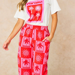 Sun & Palm Tree Wide Leg Trousers in Hot Pink