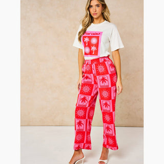 Sun & Palm Tree Wide Leg Trousers in Hot Pink