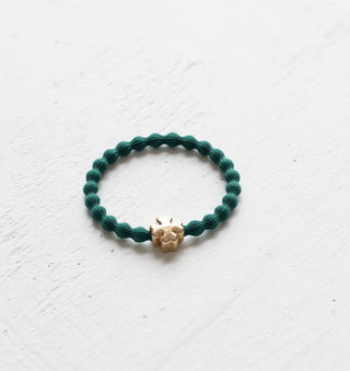 Wave hair tie with gold clover charm in forest green
