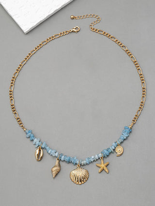 Blue stone & beach charm drop necklace in gold