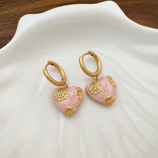 Flowered Heart Pendant Earring in Pink & Gold