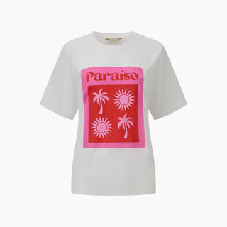 Paraiso Short Sleeve Cotton T-Shirt in White/Pink