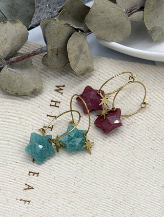 Chunky Natural Stone Star Pendant Hoop in Turquoise & Gold