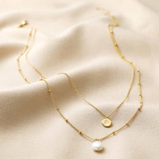 Double Pearl and Disc Necklace in Gold