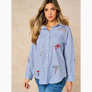Embroidered Striped Long Sleeve Cotton Shirt in Blue