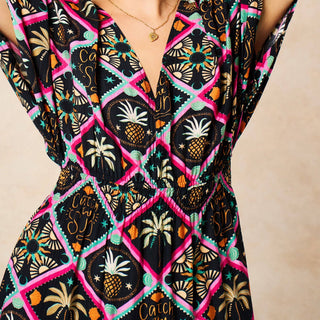Pineapple Print Maxi Kaftan Dress in Black: Medium (UK 12-14)