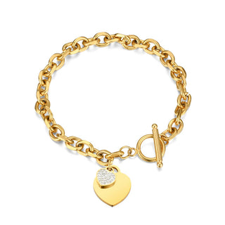 Chunky Chain T-Bar Heart Pendant Bracelet in Gold